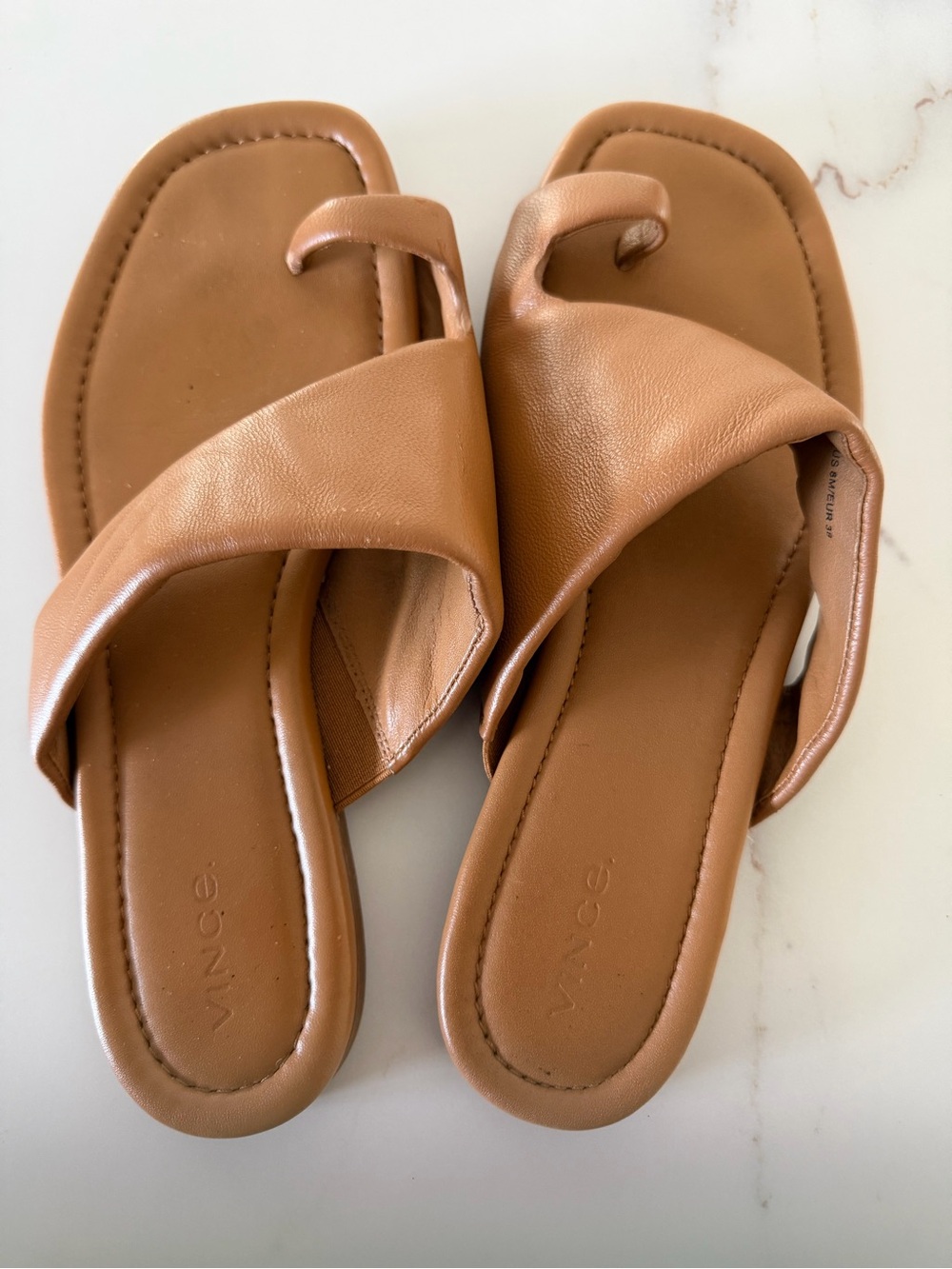 VINCE Cognac Camel Brown Soft Leather Toe-Loop Crossover Sandals